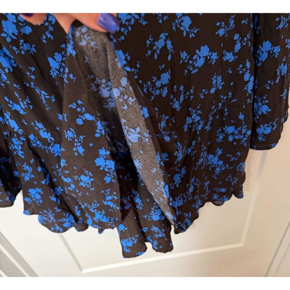 ZARA BLUE DARK BROWN FLORAL PRINT V-NECK MINI RUFFLED HEM DRESS SZ L NWT - Picture 10 of 13